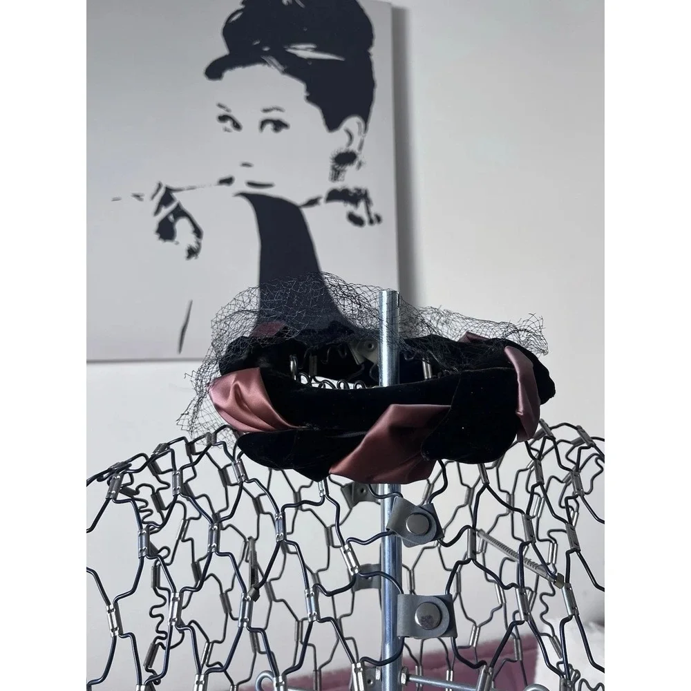 Vintage Style Black Velvet Pink Satin Bow Padded Headband with Birdcage Veil